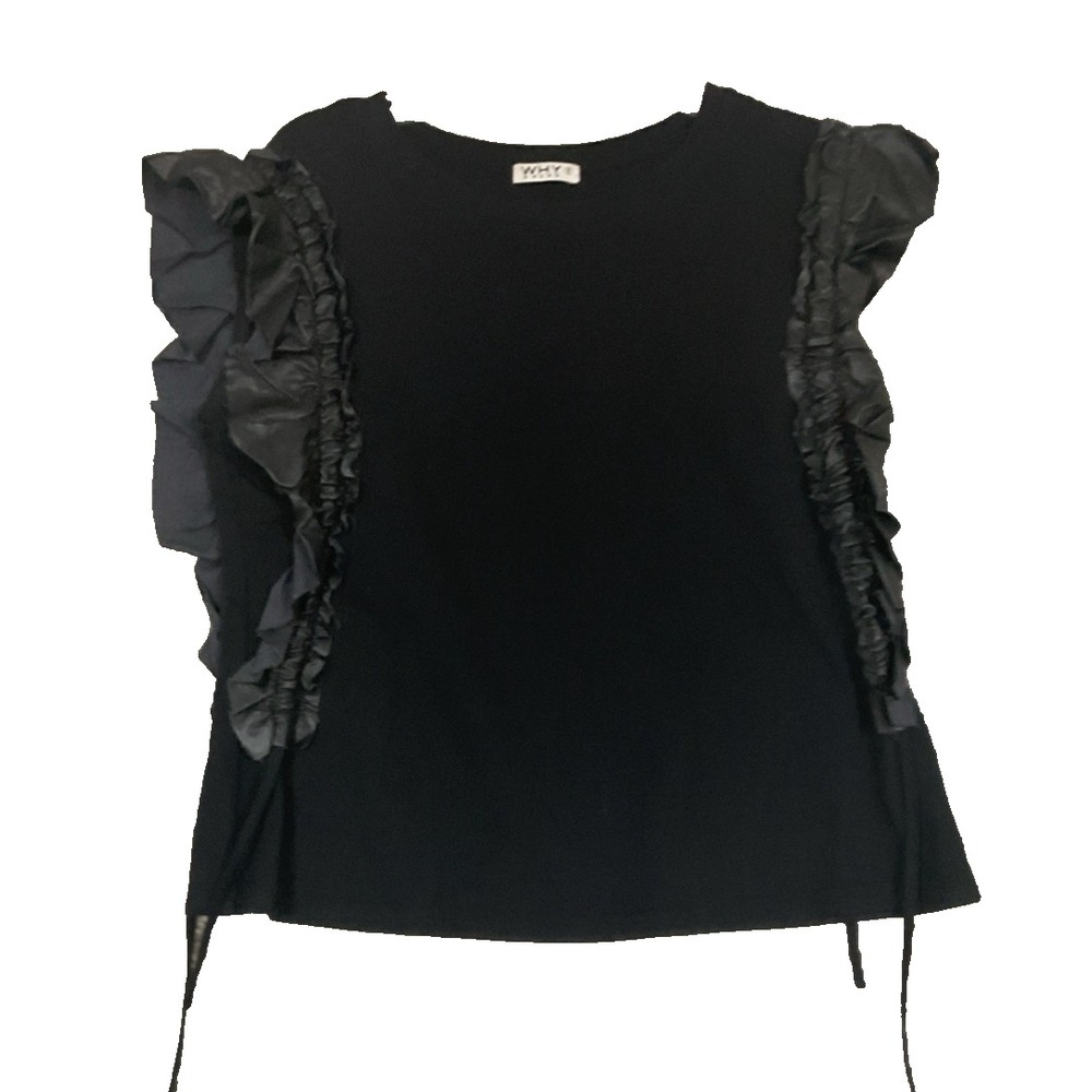VTG Why Dress Brand Black Ruffle Faux Leather Pleather Tie Top Size Small
